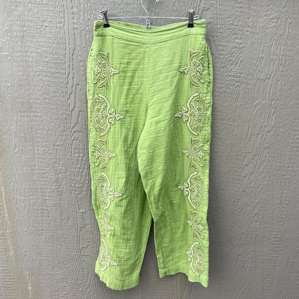 Sundance Embroidered Pants Womens Small Cotton Green Pull-On Boho Pockets Summer